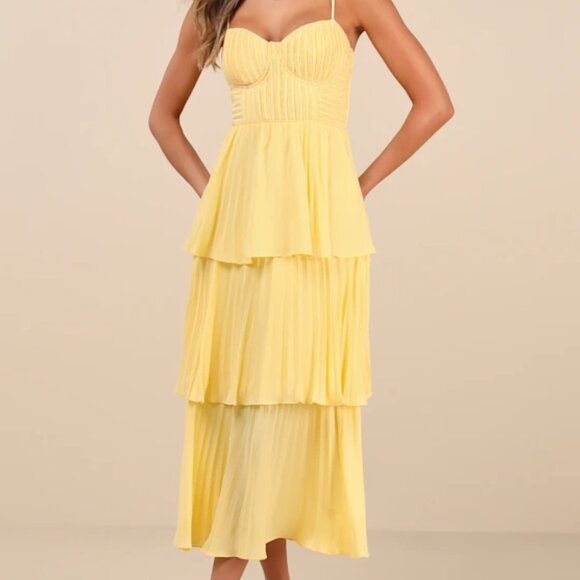 Lulus Cascading Crush Yellow Tiered Bustier Midi Dress Womens Medium New NWT - Picture 1 of 7